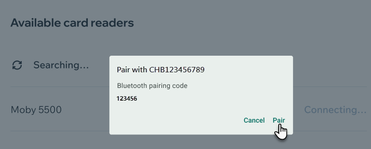 Screenshot of the pairing screen when connecting an Elavon card reader to the Wix POS Register.
