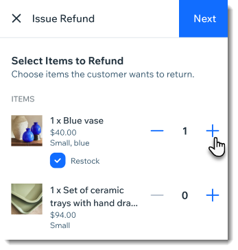 Screenshot of selecting products to refund in the POS Go card reader