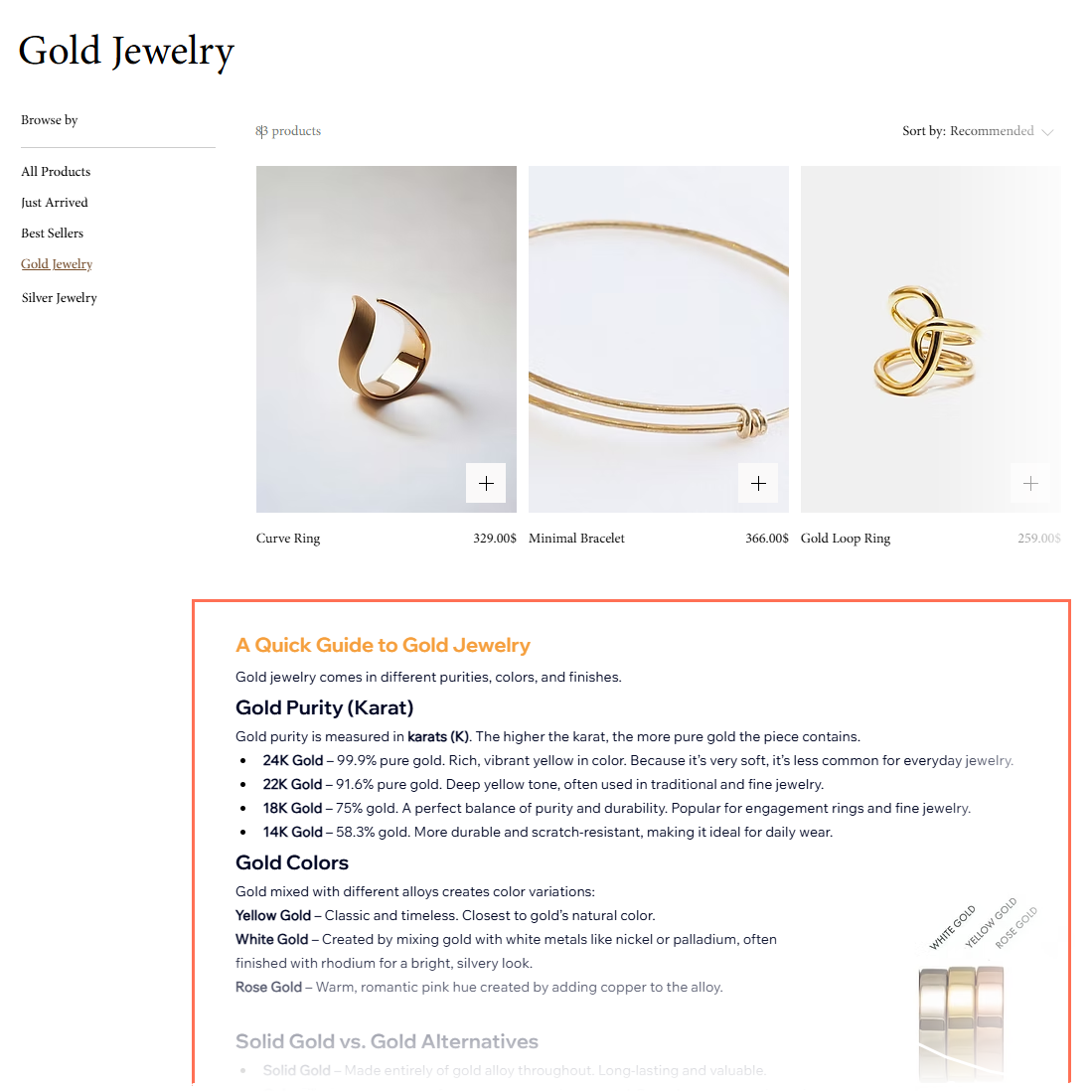 A screenshot of a category displayed on the Category page of a Wix Stores site, with the category footer outlined.