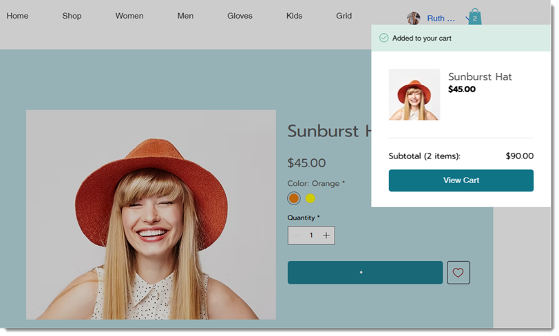 Screenshot of the Product page in Wix Stores with the Success pop-up open.