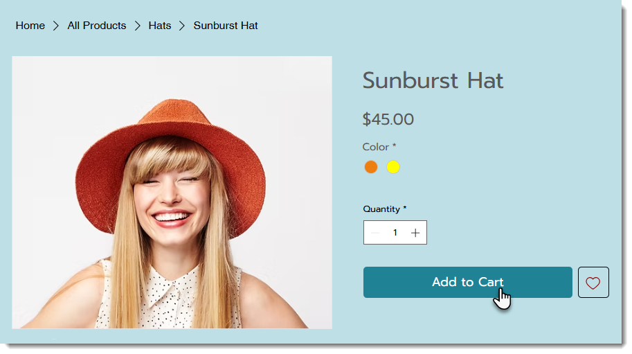 Screenshot of the Product page in Wix Stores with the Add to Cart button indicated.