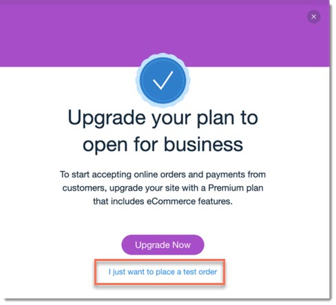 Screenshot of the popup about placing a test order in a Wix site.