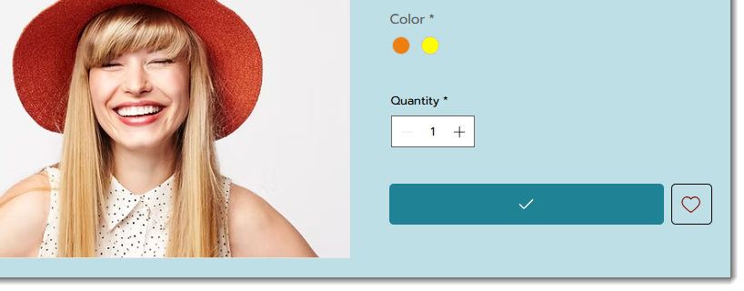 Screenshot of the Product page in Wix Stores with the checkmark on the Add to Cart button.
