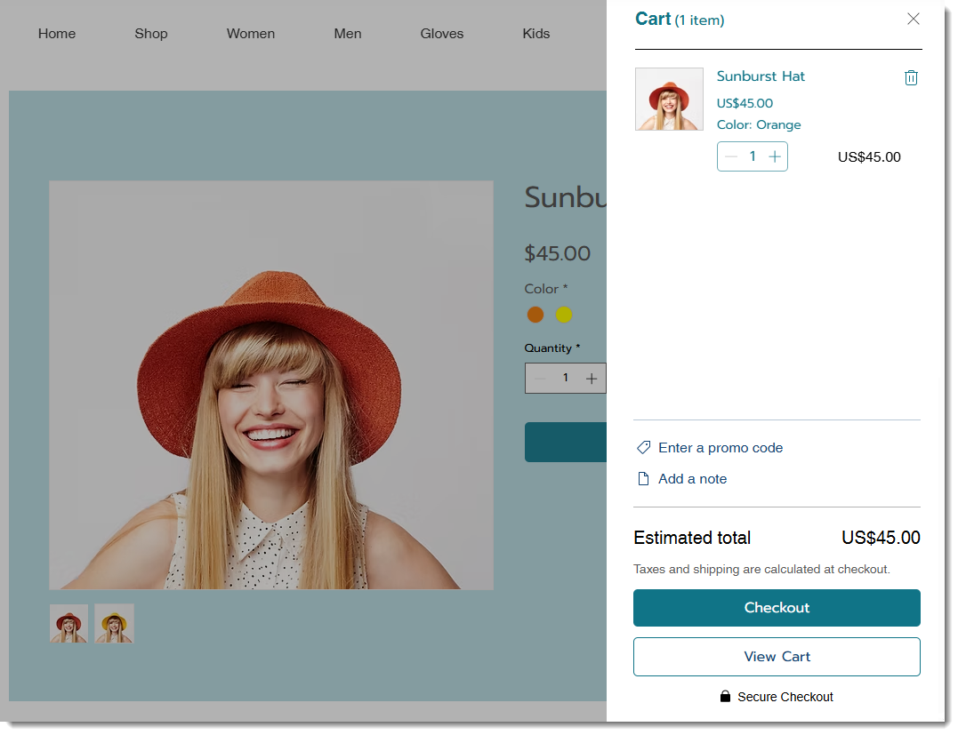 Screenshot of the Product page in Wix Stores with the Side cart open.
