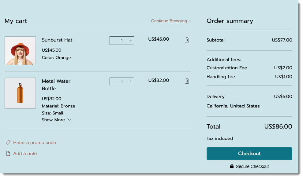 Screenshot of the Cart page in a sample Wix site.