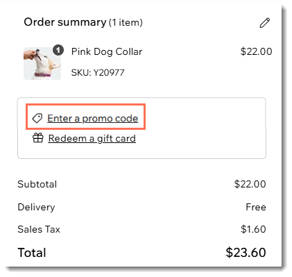 Screenshot of part of the checkout page with the