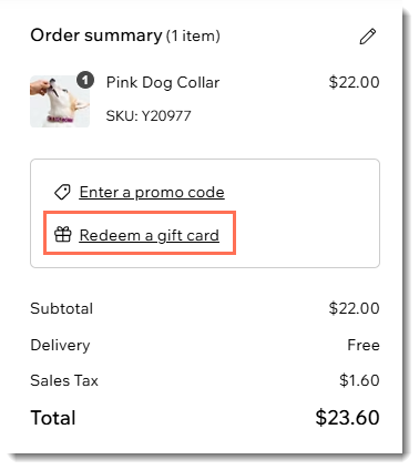 Screenshot of the order summary section of the Checkout page in a Wix site with the gift card link outlined.