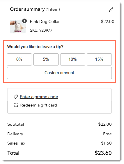 Screenshot of order summary on the checkout page, showing where customers can leave a tip