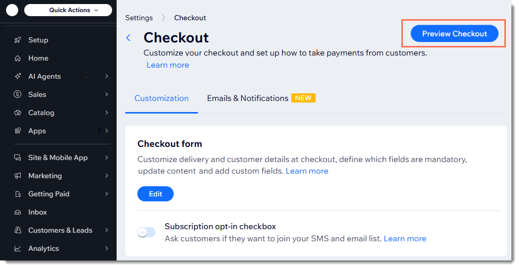 Screenshot of the Checkout settings page with the Preview Checkout button indicated.