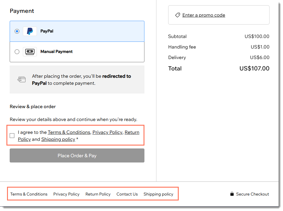 Screenshot of the top of a site's checkout page, with the policies and the policy agreement checkbox outlined