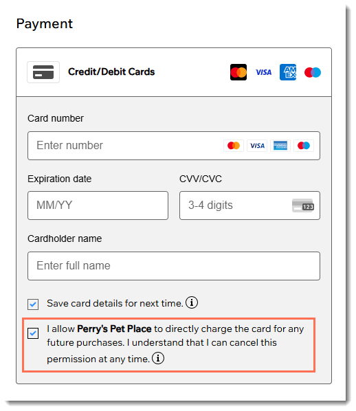 Screenshot of payment part of checkout page, with the checkbox for allowing the business to save the card outlined