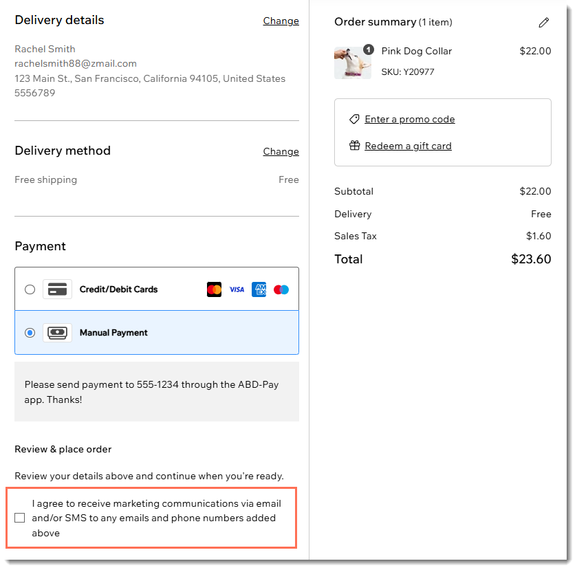 Screenshot of the checkout page with the subscription opt-in checkbox outlined