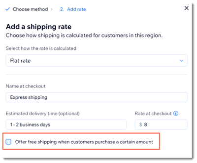 Screenshot of the popup where you create a shipping rule in a Wix store.
