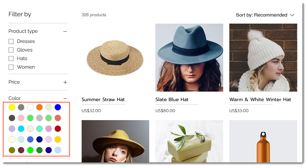 Screenshot of the Category page in a sample Wix store with filters outlined.