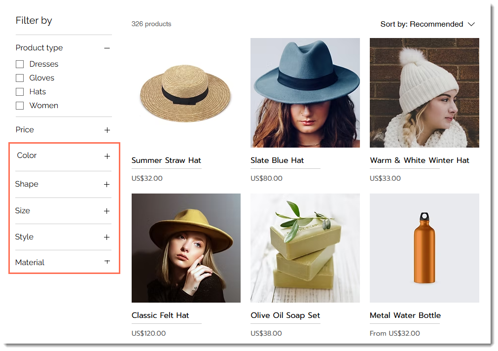 Screenshot of the Category page in a sample Wix store with filters outlined.