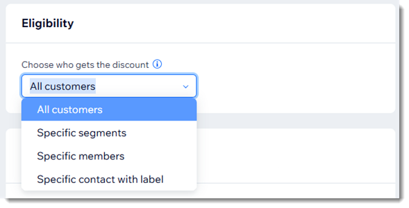 Screenshot of the Eligibility section on the page where you create automatic discounts in Wix.