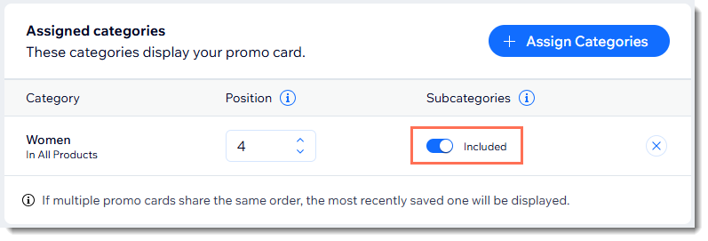 Screenshot of part of the Promo Card page highlighting the toggle which can apply the cards to all subcategories.