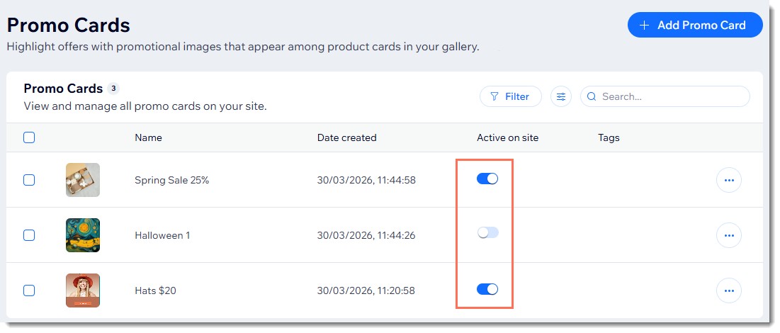 Screenshot of part of the Promo Card page highlighting the status toggle  that displays or hides the card.