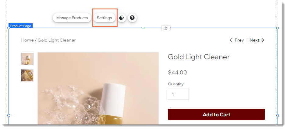 Screenshot of the Product Page in the Wix Editor and the Settings button outlined