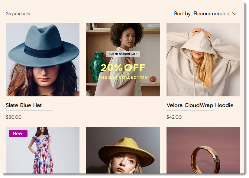Screenshot of a products displayed in a Wix Stores site along with a Promo Card.