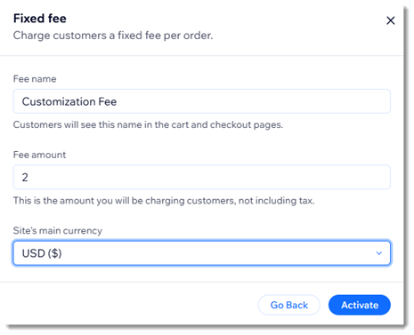 Screenshot van het venster waarin je bijkomende kosten kunt toevoegen aan het betalen op een Wix-website.