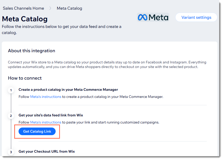 A screenshot of the Meta Catalog page in the dashboard with Get Catalog Link outlined.