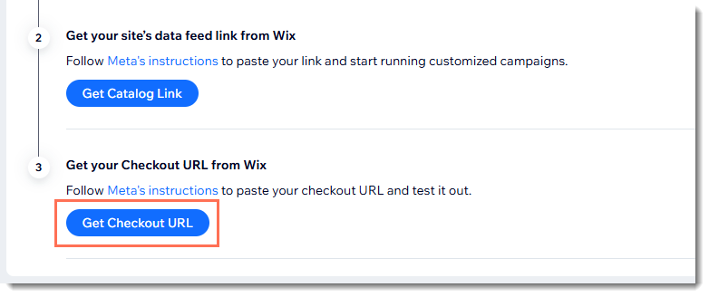 A screenshot of the Meta Catalog page in the dashboard with Get Checkout URL outlined.