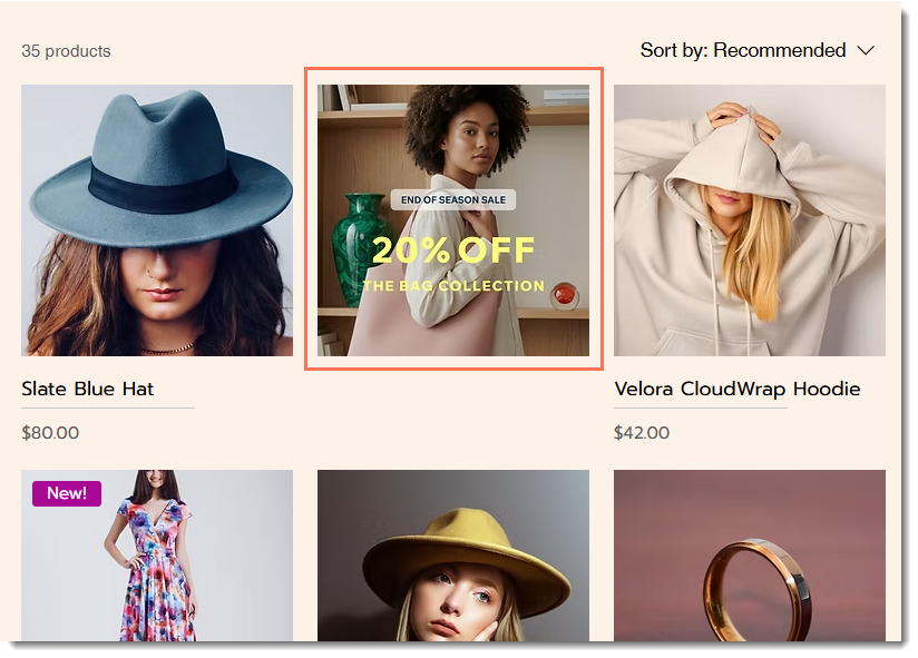 Screenshot of store products in a sample Wix store with promo card.