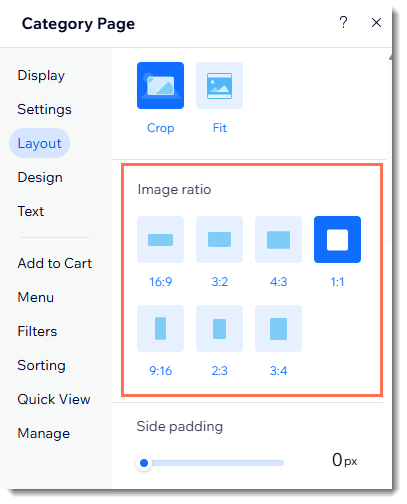 Screenshot of the settings panel for the Category page, showing the Image ratio setting.