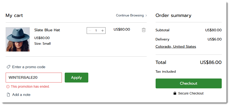Screenshot of the cart page where a customer tries to enter a coupon code that has expired