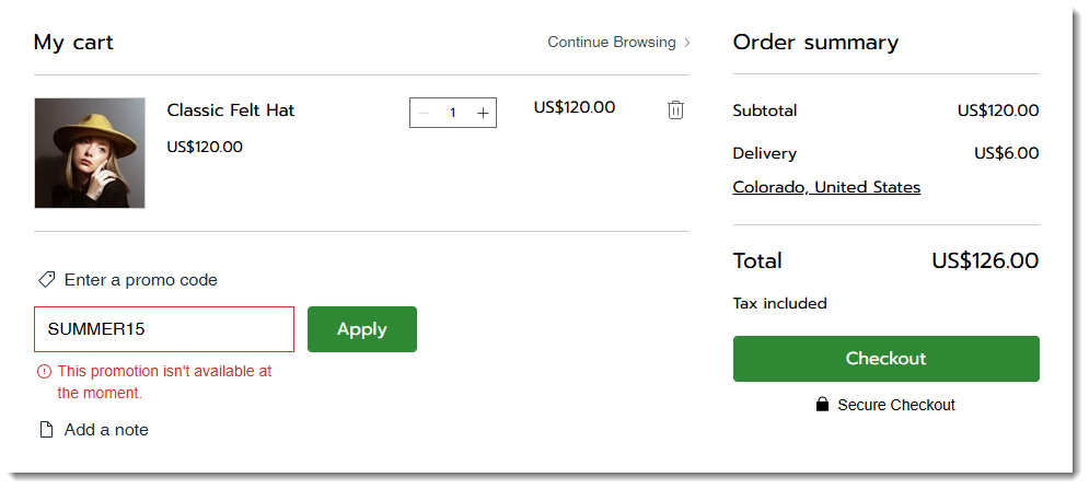 Screenshot of the cart page where a customer tries to enter a coupon code that isn't valid at the moment