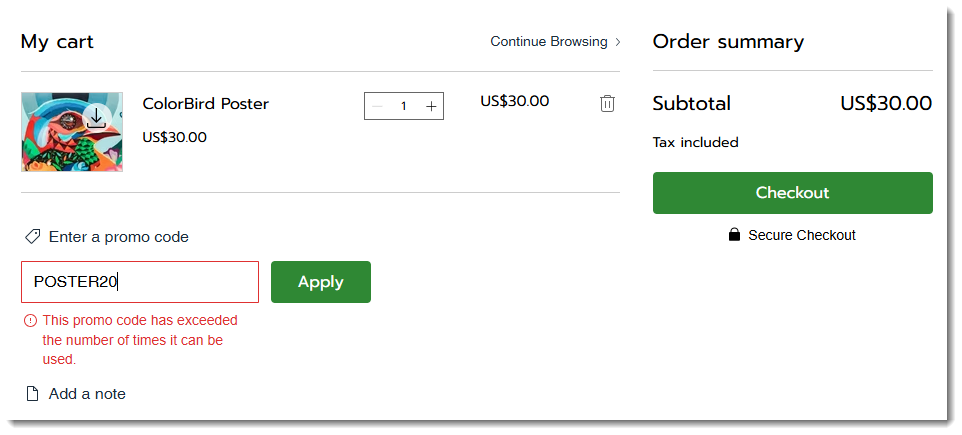 Screenshot of the cart page where a customer tries to enter a coupon code that has already been used & can only be used once