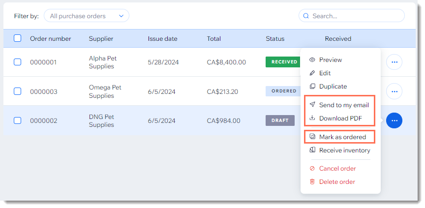 Screenshot di un ordine di acquisto in cui è stata cliccata l'icona Altre azioni