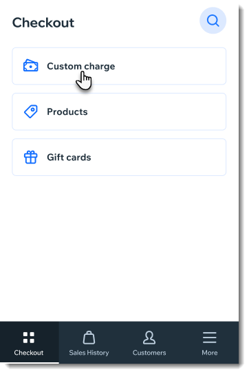 Screenshot of the checkout options in the Wix POS Go. Custom Charge and Products. Custom Charge is selected.