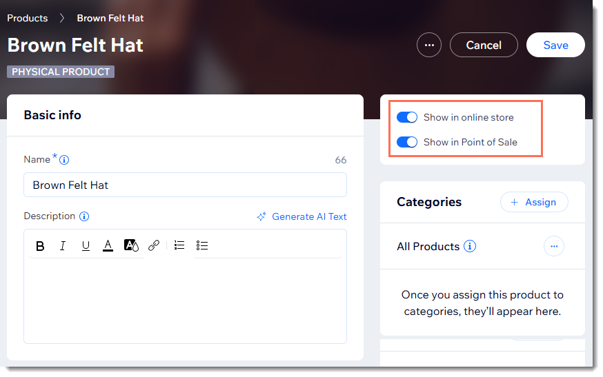 Screenshot of the product creation page in Wix Stores showing the toggles to show or hide the product online or at a POS.