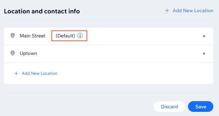 Screenshot of part of the Business Info page in the Wix dashboard with the default location indicated.