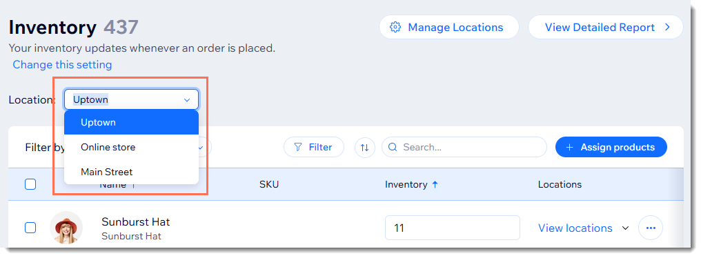 Screenshot of the inventory tab in the Wix Stores dashboard showing the location selector