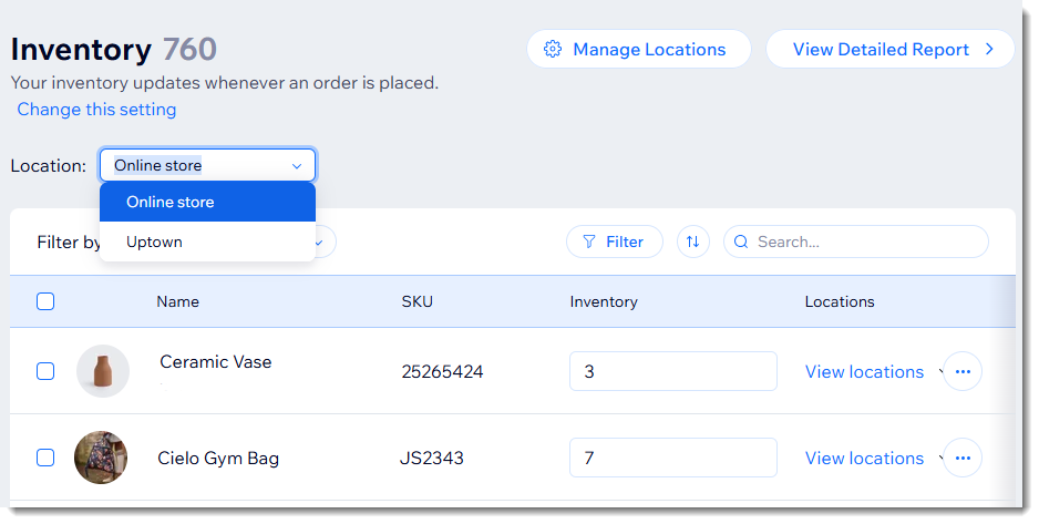 Screenshot of the inventory page for a Wix store with multiple locations, with the location drop-down outlined