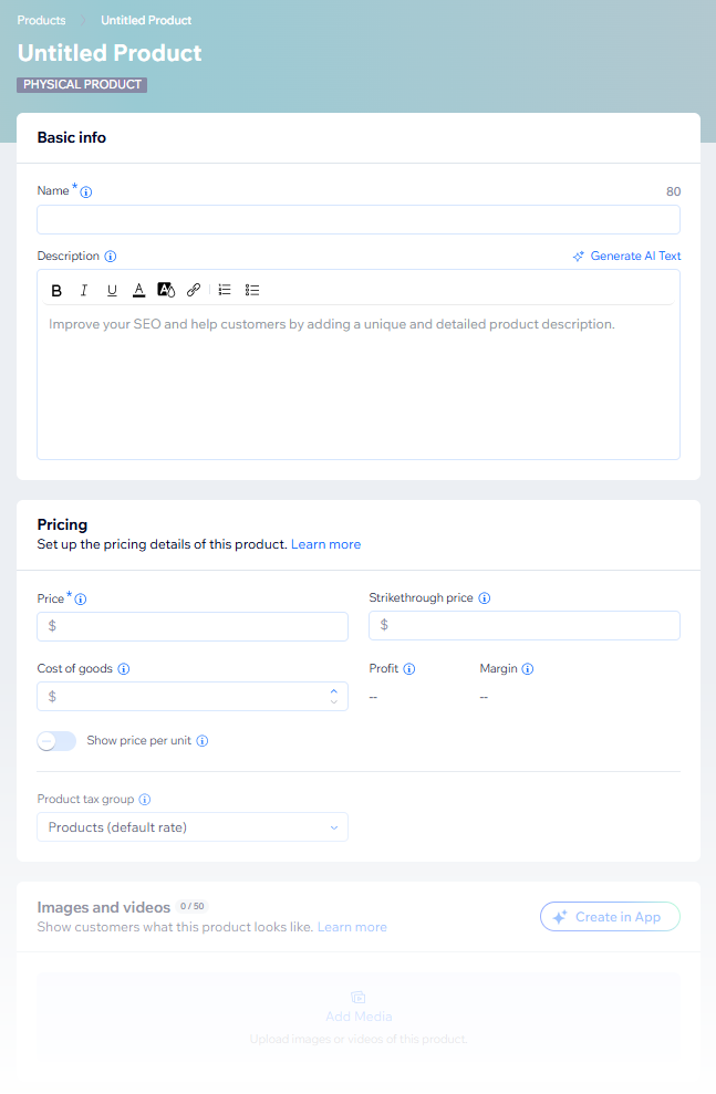 Capture d'écran de la page dans Wix Boutique où vous créez un article