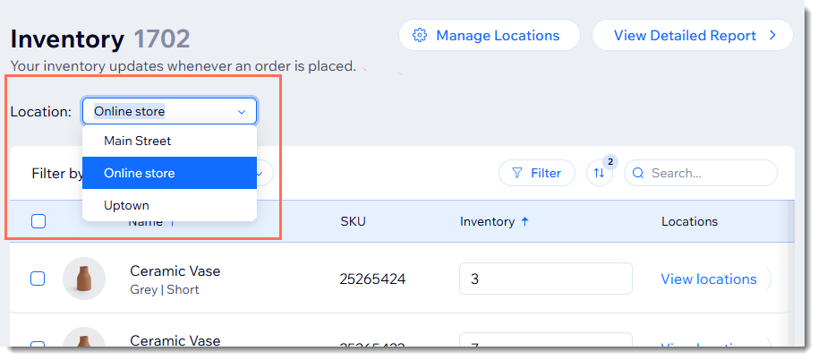 Screenshot of the Inventory page in the Wix dashboard set up to manage inventory in multiple locations.