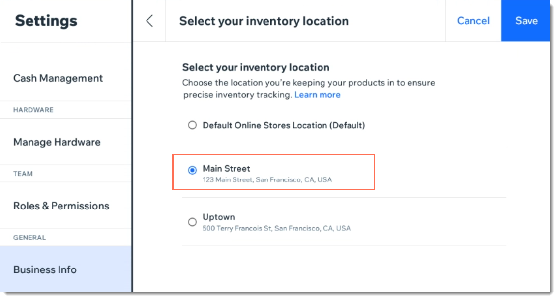 Screenshot of page in Wix POS Register where you select an inventory location.