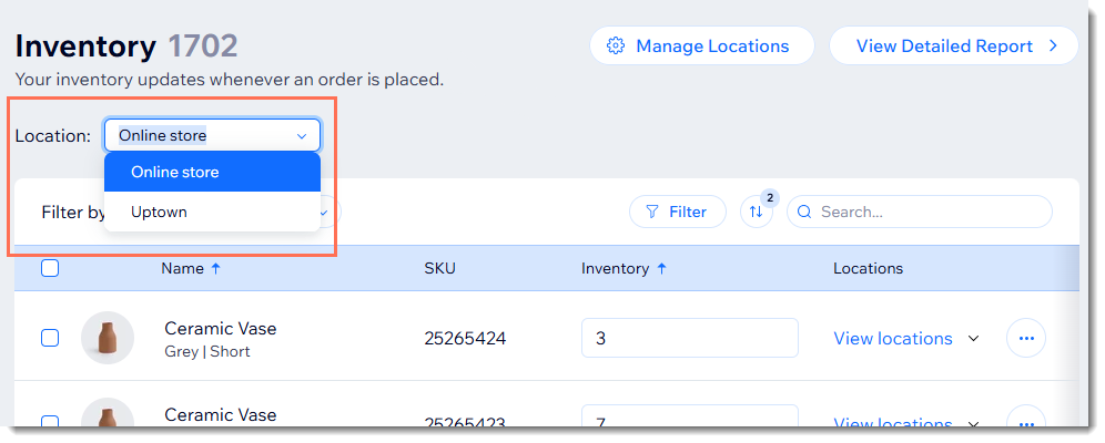 Screenshot of the Inventory page in the Wix dashboard set up to manage inventory in multiple locations.