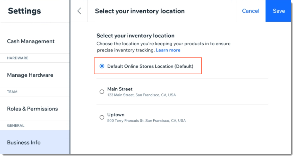 Screenshot of page in Wix POS Register where you select an inventory location.