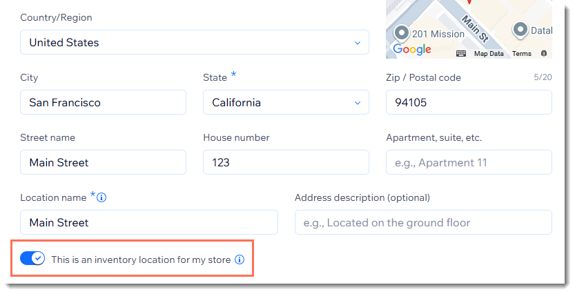 Screenshot of part of the Business Info page in the Wix Dashboard where you set locations as inventory locations.