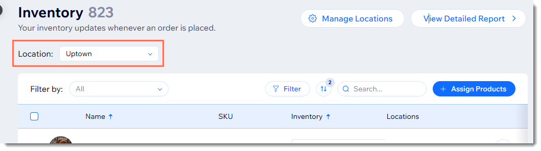 Screenshot of the Inventory tab in the Wix dashboard with the location selector outlined.