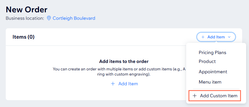 Screenshot of the page where you can create a manual order