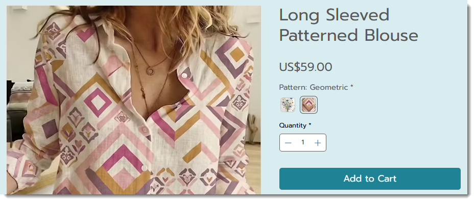 Screenshot of the product page with patterned color swatches for product options.