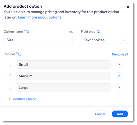 Screenshot of part of the product creation page in Wix stores where you create product options