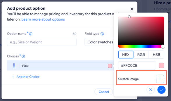 Screenshot of the window where you create a color product option in Wix Stores with the Swatch image outlined.