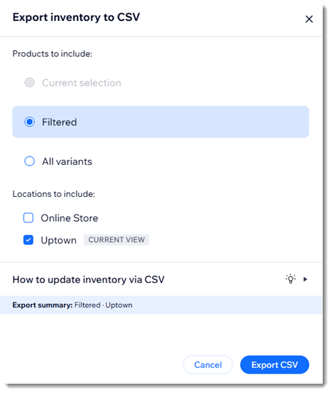Captura de pantalla de la ventana emergente donde puedes seleccionar qué ítems del inventario exportar a CSV en Wix Stores.
